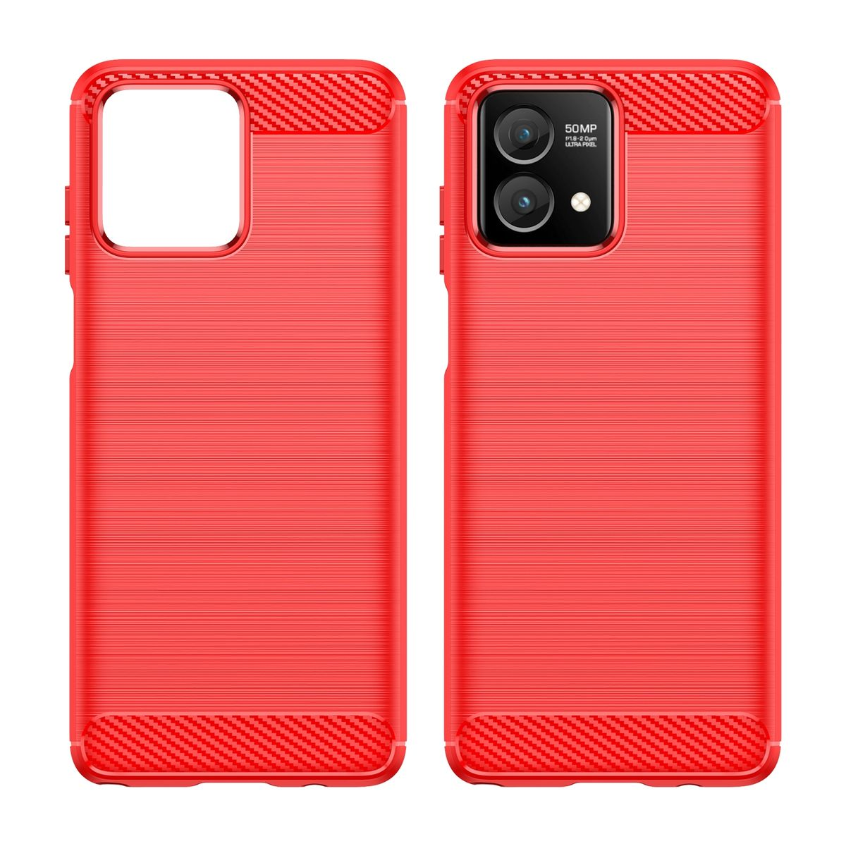 Zwei rote Handyhüllen mit strukturiertem Design, Kameraausschnitt und Carbonfaser-Detail.