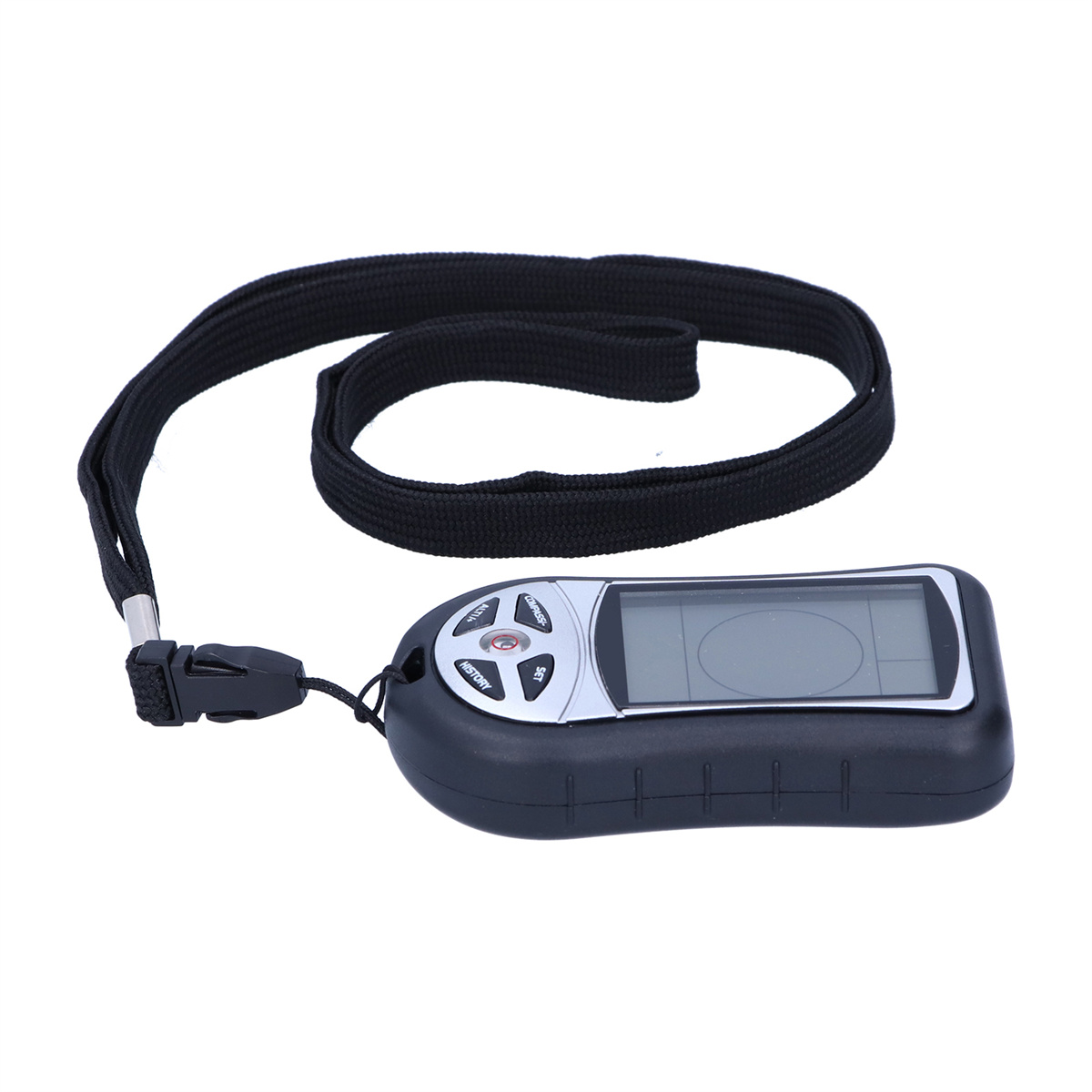 Ein schwarzer Kompass mit angebrachtem Lanyard, gezeigt auf weißem Hintergrund.