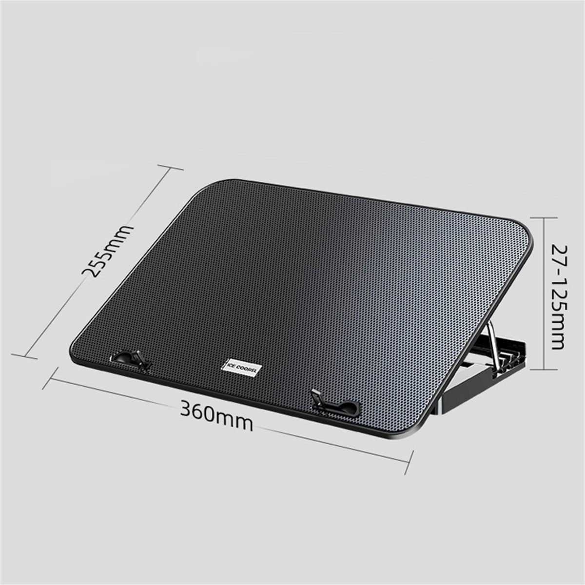 Schwarzer Laptopständer mit Abmessungen. Aus Metall und hat eine Netzoberfläche.