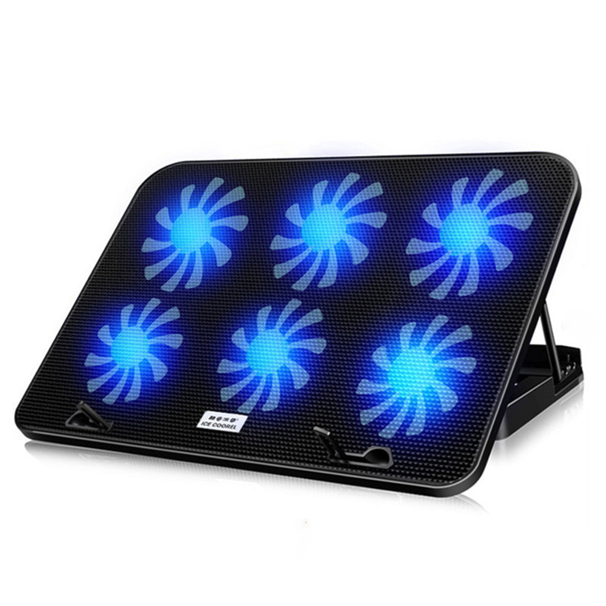 Schwarzer Laptop-Kühler mit sechs blauen Lüfterlichtern und einem Ständer.