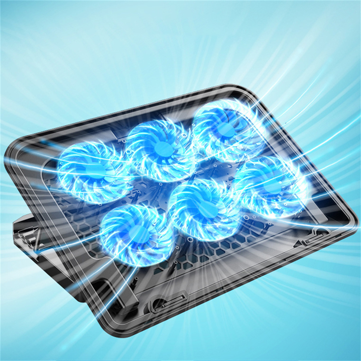 Ein Kühlventilator für einen Laptop, blaue Lichter und ein schwarzer Hintergrund.