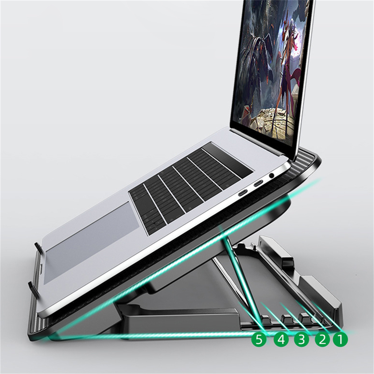 Ein Laptop auf einem Ständer ist nach oben geneigt. Der Ständer ist schwarz und hat fünf nummerierte Höheneinstellungen.
