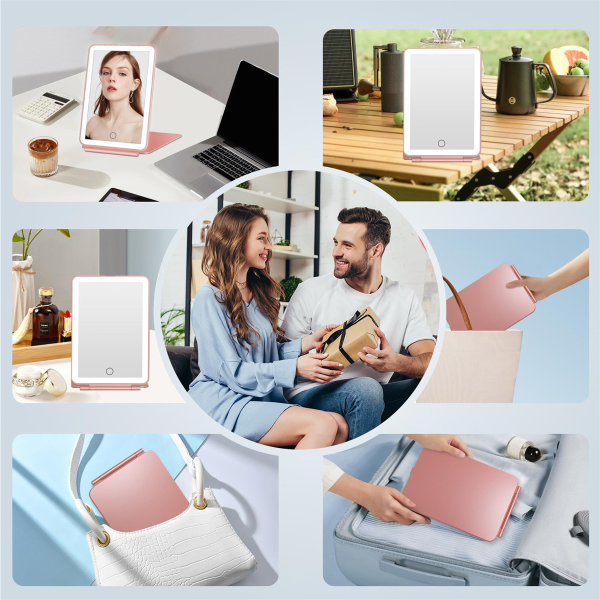 Eine Collage zeigt Personen mit einem rosa beleuchteten Spiegel, einem Laptop und einem Geschenk. Ein Spiegel steht auf einem Tisch und in einer Tasche.