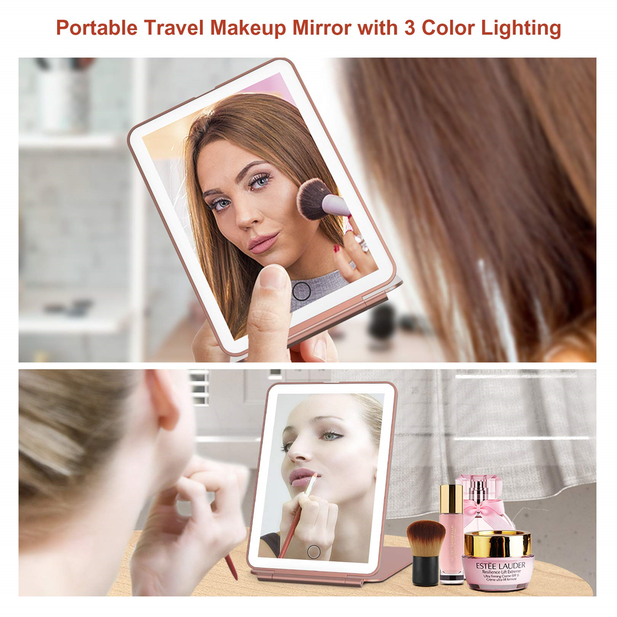 Eine Frau im Spiegel mit Make-up und Produkten, und ein zweites Bild einer Frau, die Lippenstift aufträgt.