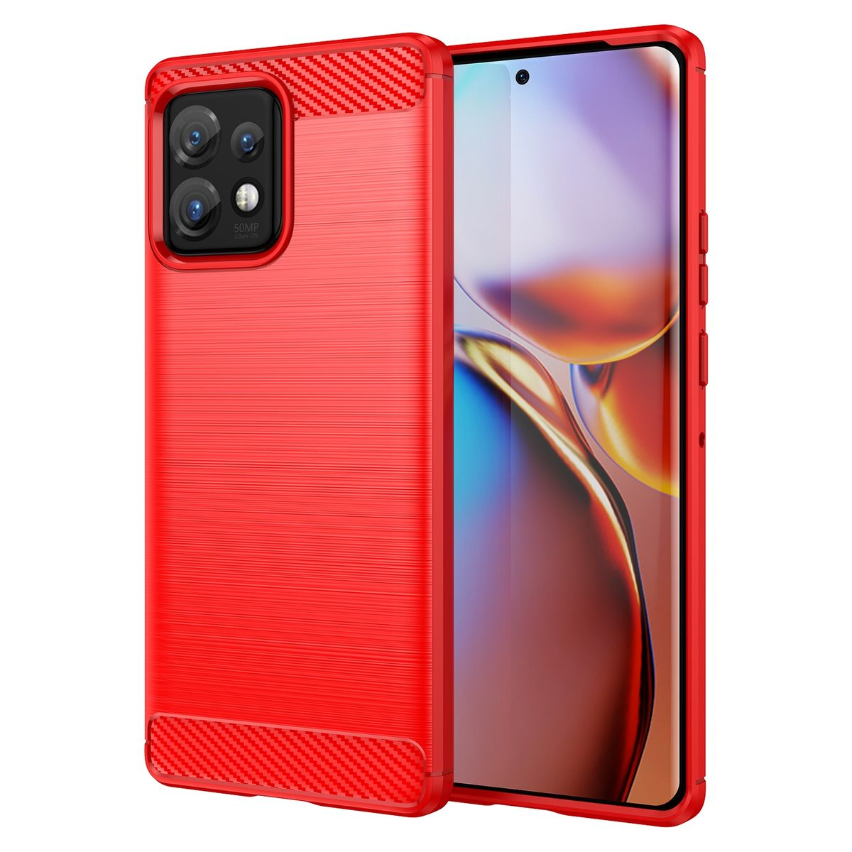 Rote Handyhülle, ein Telefon ist innen mit sichtbarem Kamerabereich. Die Hülle hat ein Carbonfaser-Design.