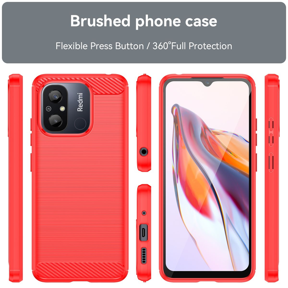 Rote Handyhülle mit einem Telefon darin. Mehrere Ansichten, die die Details der Hülle zeigen.