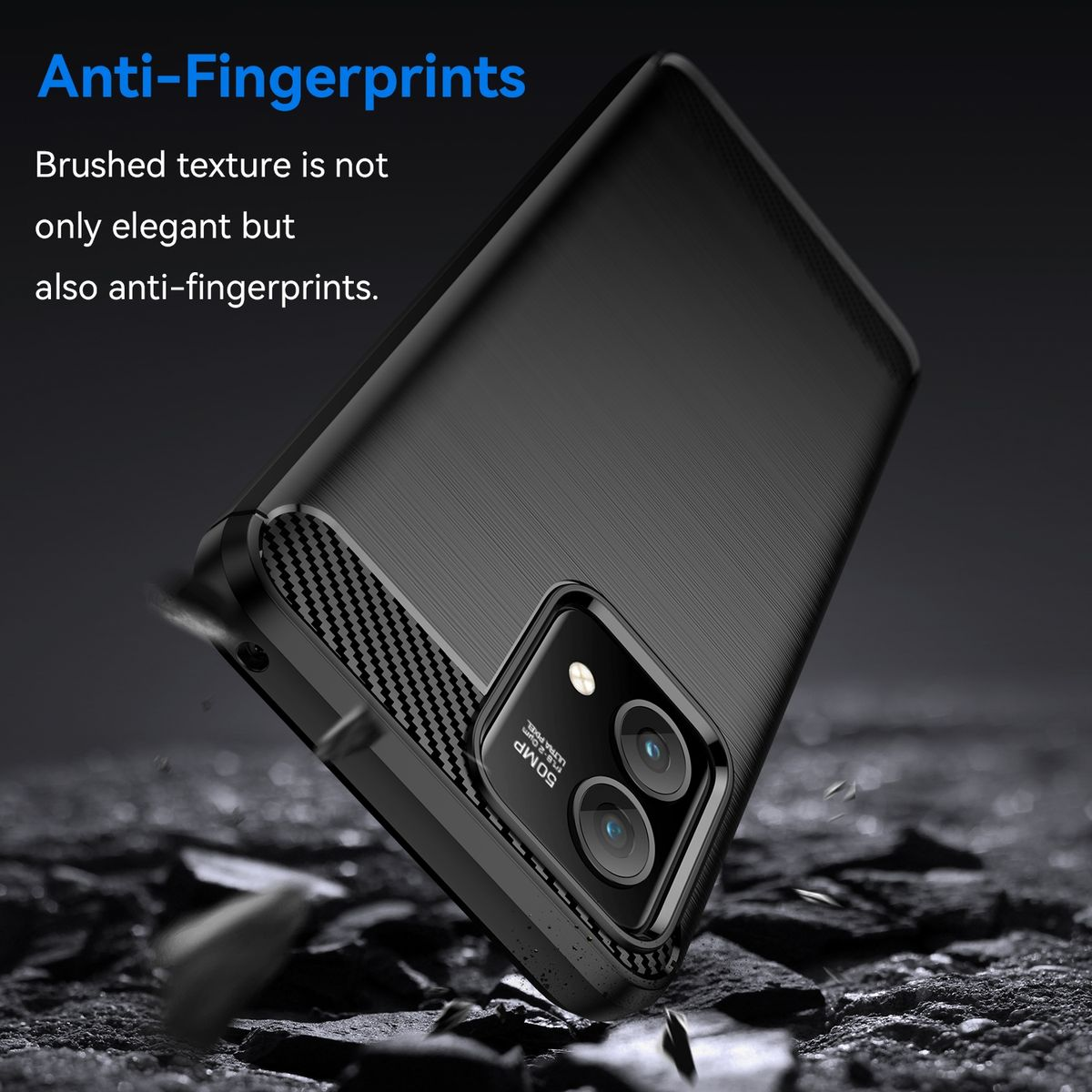 Schwarze Handyhülle mit Fingerabdruckresistenz. Gebürstete Textur. Das Telefon ist leicht angewinkelt.