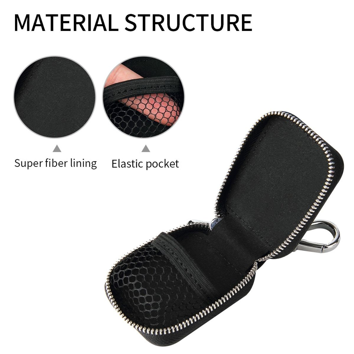 Schwarzes Etui mit Reißverschluss, geöffnet. Enthält ein Superfaser-Futter und eine elastische Tasche.