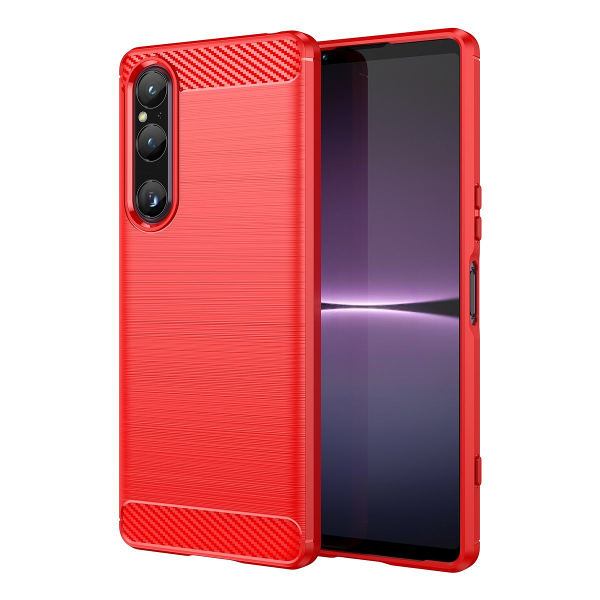 Eine rote Handyhülle mit strukturiertem Design, Rückseite und Seite zeigend.