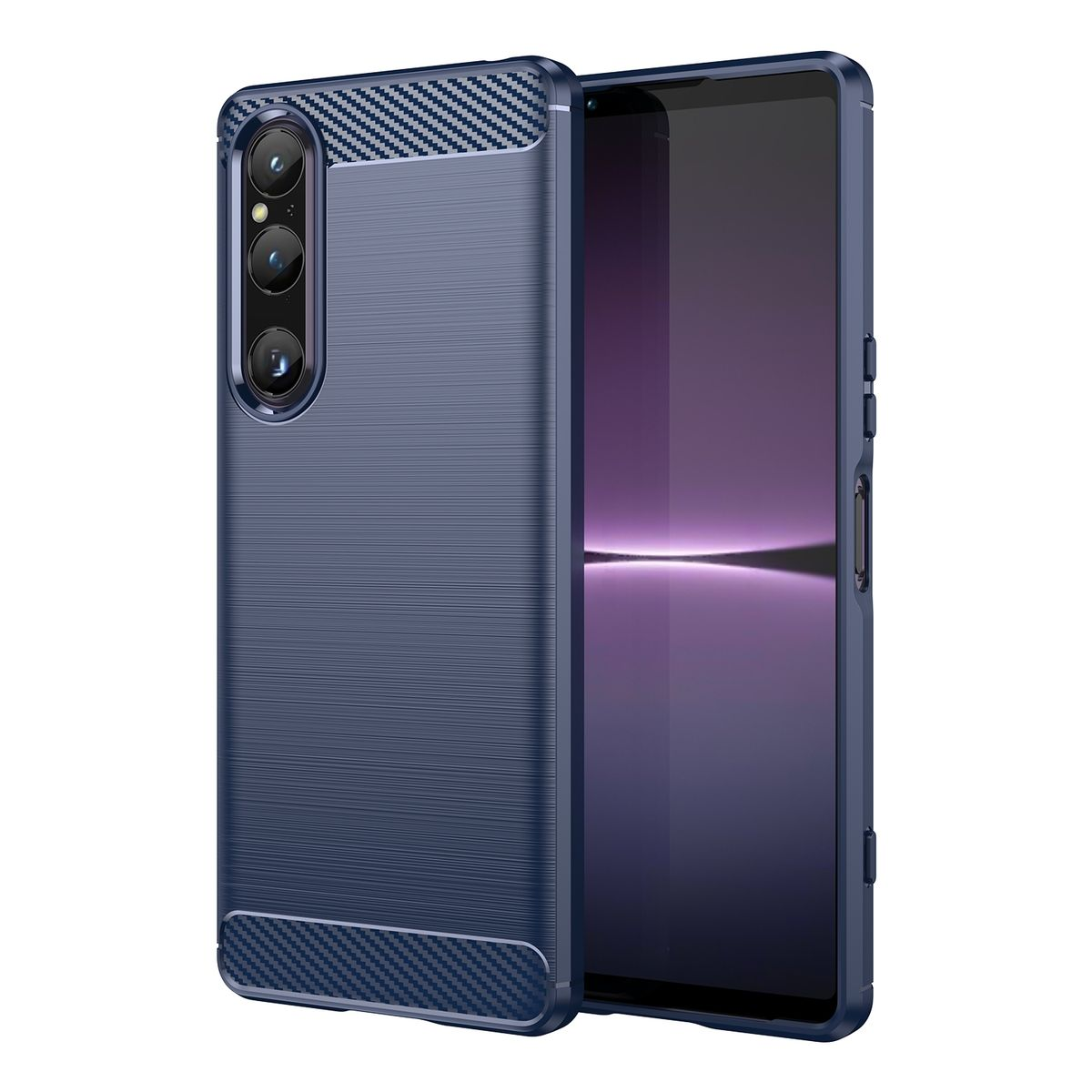 Eine dunkelblaue Handyhülle mit Kohlefasertextur neben einem Handy, auf weißem Hintergrund.