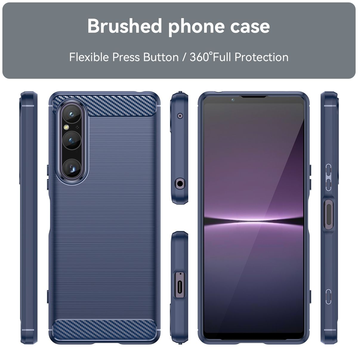 Ein Telefon mit einer blauen, strukturierten Hülle, mit einer Kameraerhöhung. Die Hülle wird in mehreren Ansichten gezeigt.