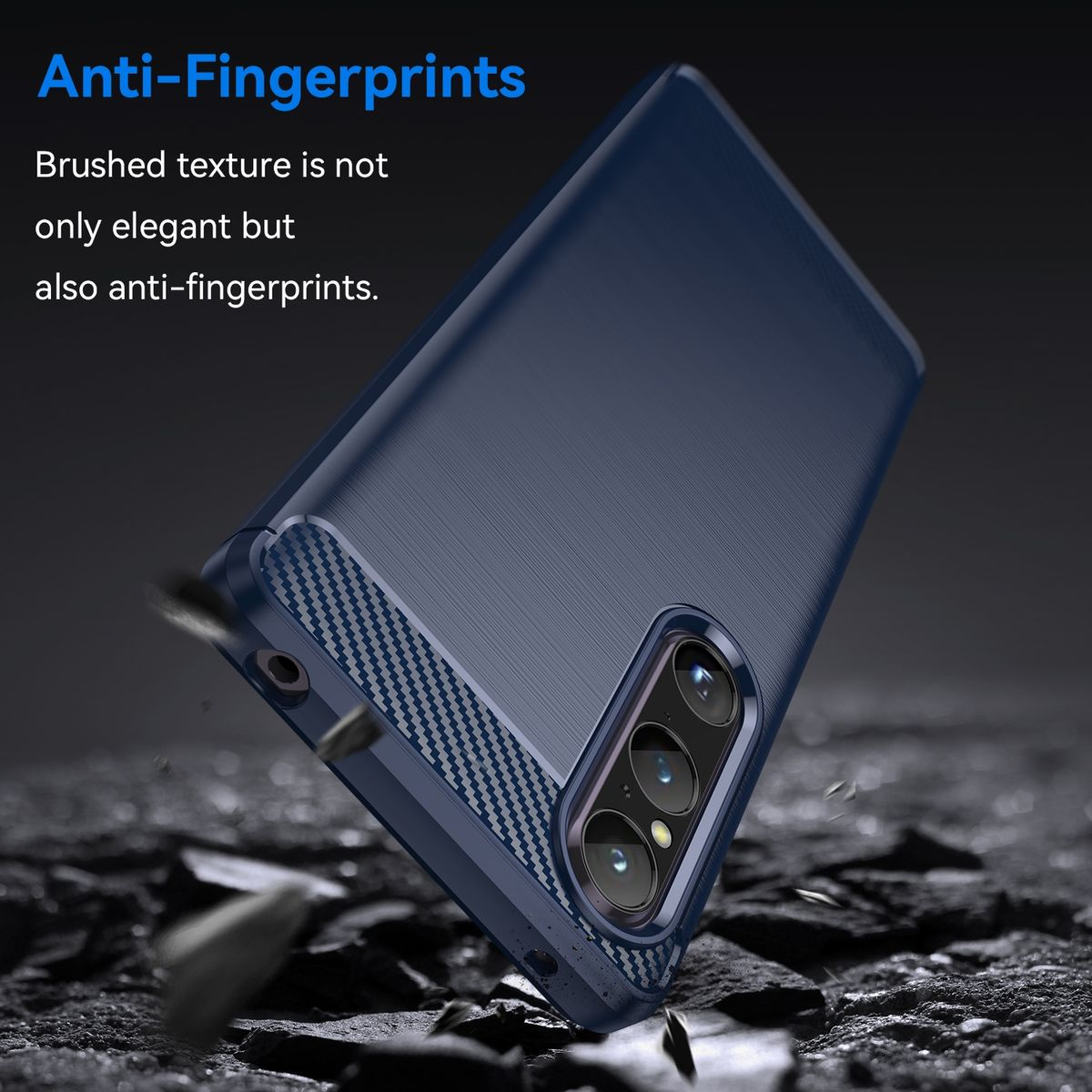 Dunkelblaue Handyhülle angewinkelt. Gebürstete Textur, Anti-Fingerabdruck, mit Kamera und Blitz.
