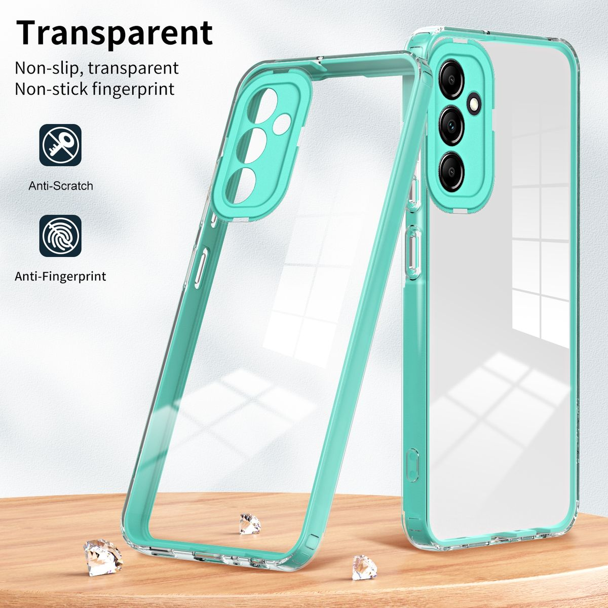 Transparente Handyhülle mit grünem Rahmen. Telefon innen. Text: Rutschfest, transparent.