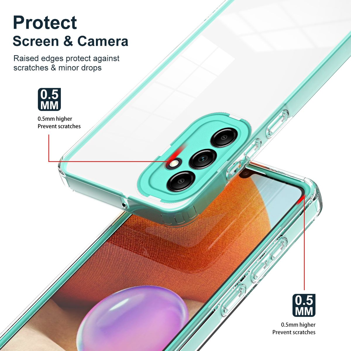 Zwei Telefone, darüber eine transparente Hülle. Schutz wird hervorgehoben. Kanten sind erhöht.