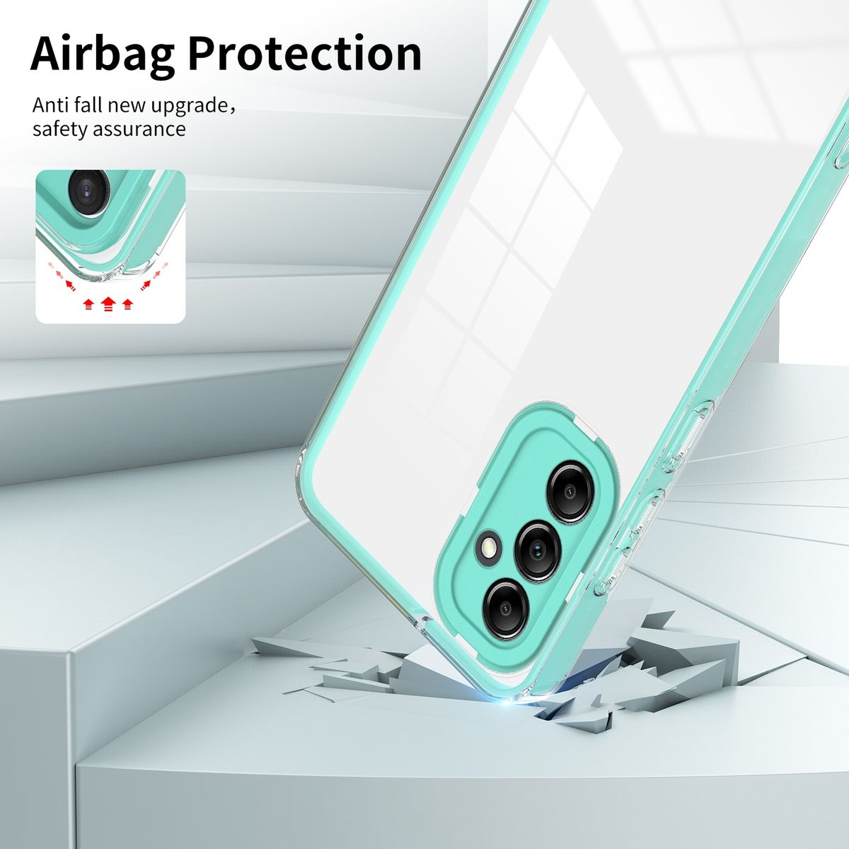 Transparente Handyhülle mit aqua Akzenten auf weißer Plattform. Zeigt die Schutzfunktion.