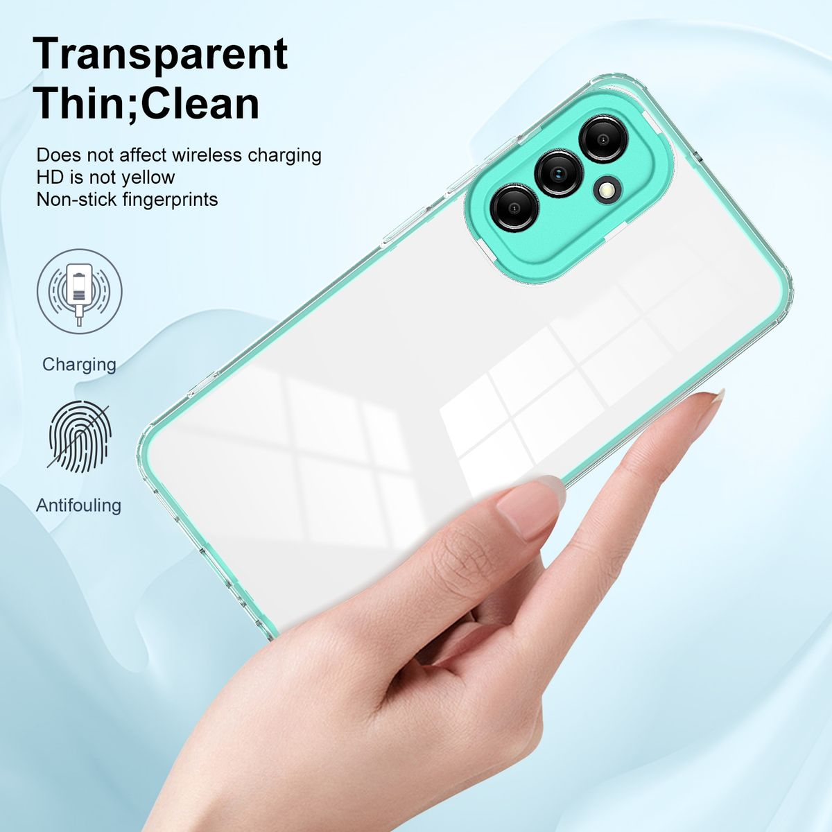 Transparente Handyhülle mit grünem Kamerarahmen auf weißem Hintergrund. Text: Transparent, dünn; sauber.