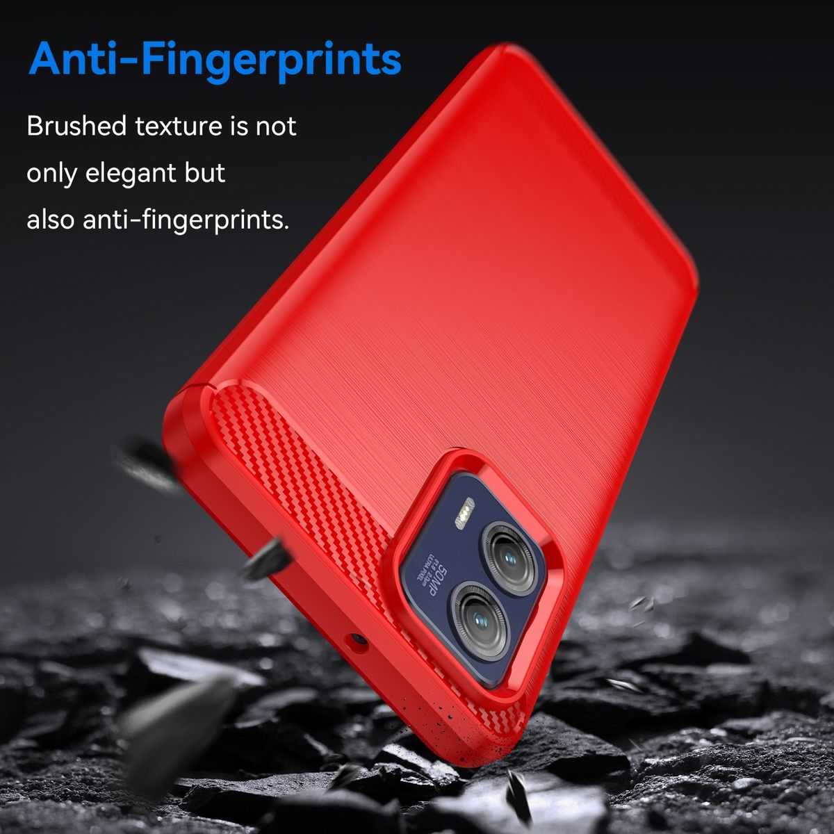 Eine rote Handyhülle mit gebürsteter Textur, Kameraausschnitt und Anti-Fingerabdruck-Eigenschaften.