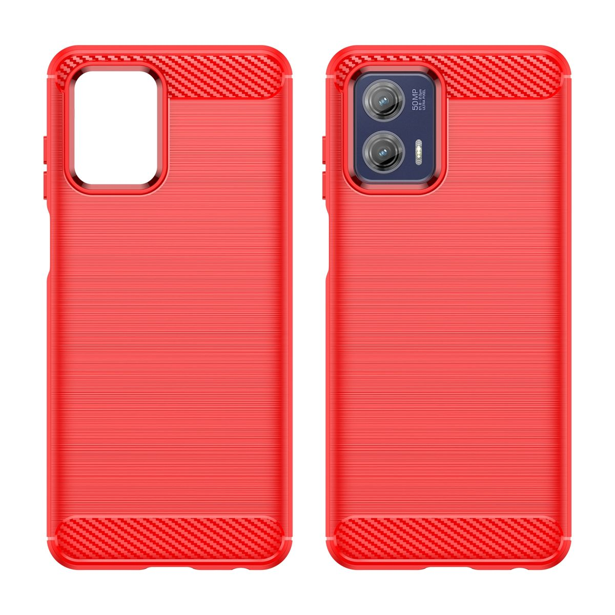 Zwei rote Handyhüllen, Vorder- und Rückseite zeigend. Beide haben ein Carbonfaser-Design und einen Kameraausschnitt.