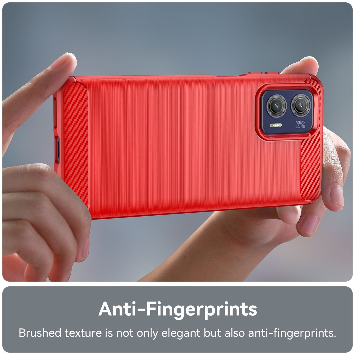 Hände halten eine rote Handyhülle. Die Hülle hat eine strukturierte Rückseite. Text unten: Anti-Fingerabdrücke.