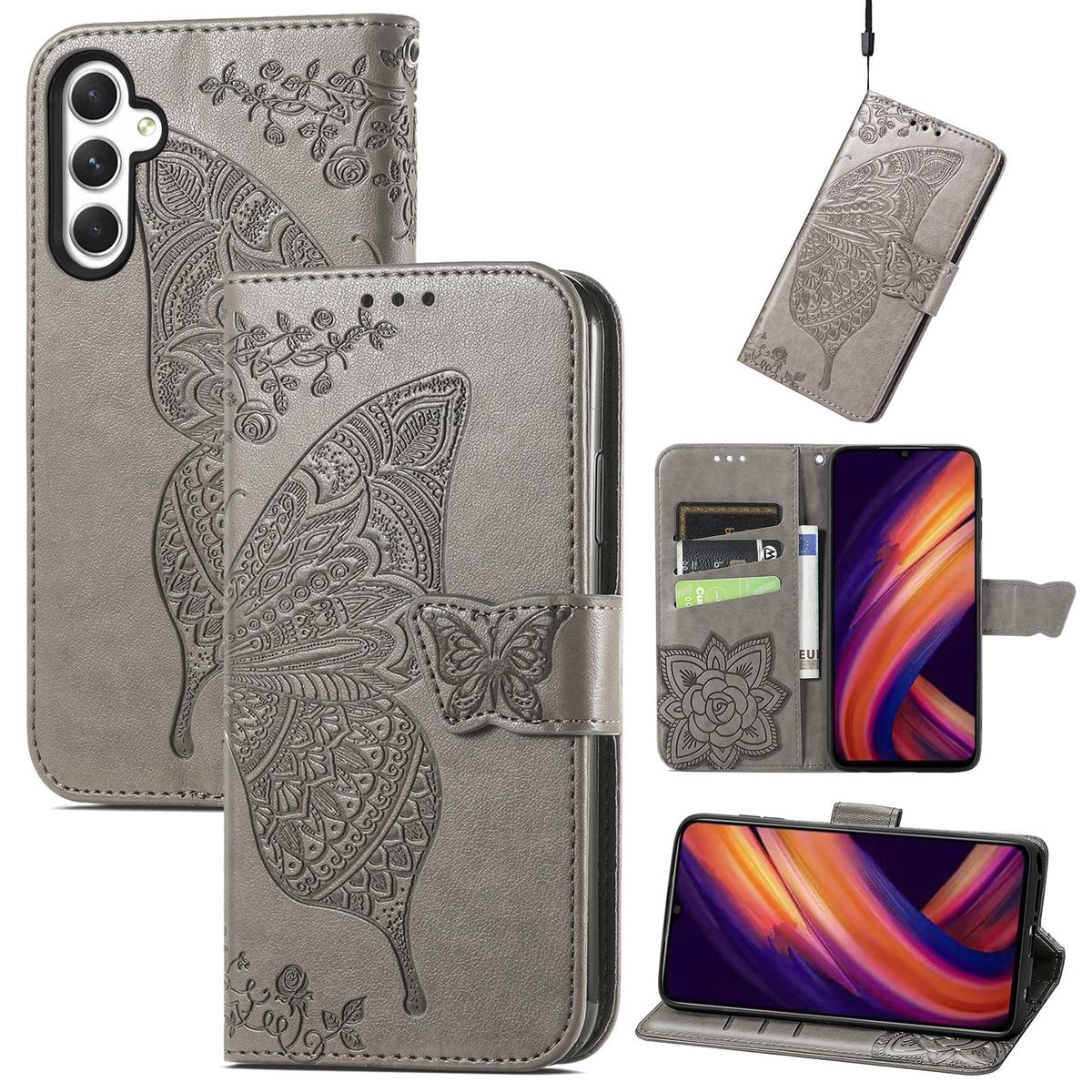 Graue Handyhülle mit Schmetterlingsdesign. Sie lässt sich aufklappen und hat Kartenfächer.