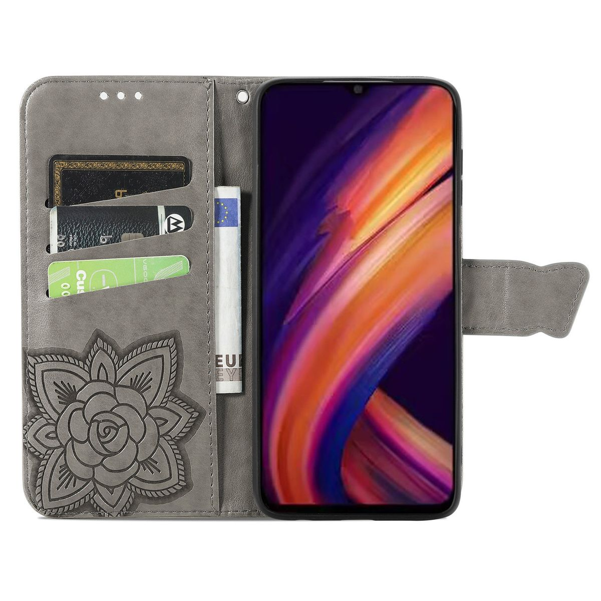 Graue Handyhülle mit Blumendesign und Fächern für Karten und Geld. Telefon mit lila Bildschirm.
