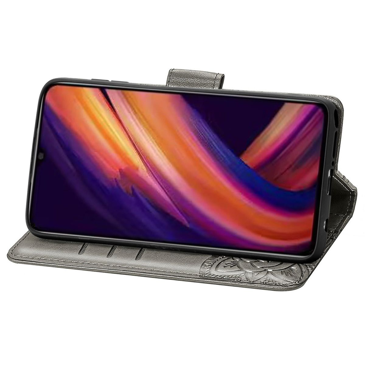 Ein Telefon in einer grauen Brieftasche, das ein farbenfrohes abstraktes Bild auf dem Bildschirm anzeigt.