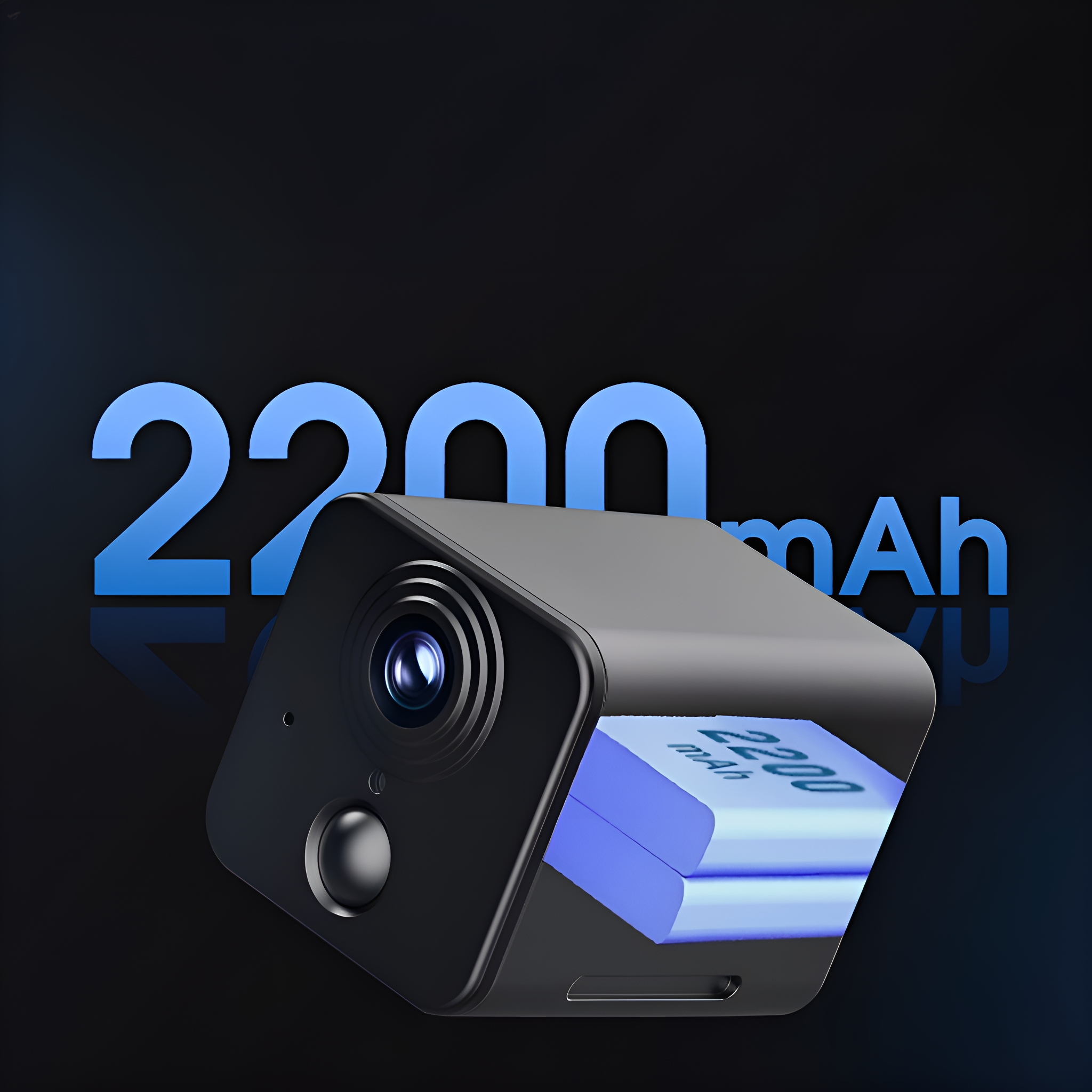 Eine kleine schwarze Kamera mit der blauen Zahl 2200 und mAh. Der Hintergrund ist blau verlaufend.