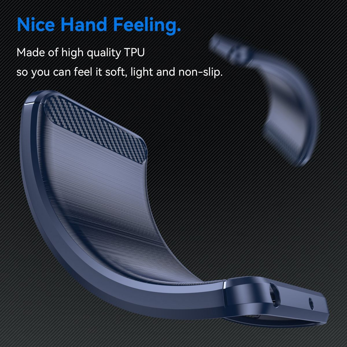 Eine blaue Handyhülle mit strukturierter Oberfläche. Sie hat ein Ausschnittdesign.