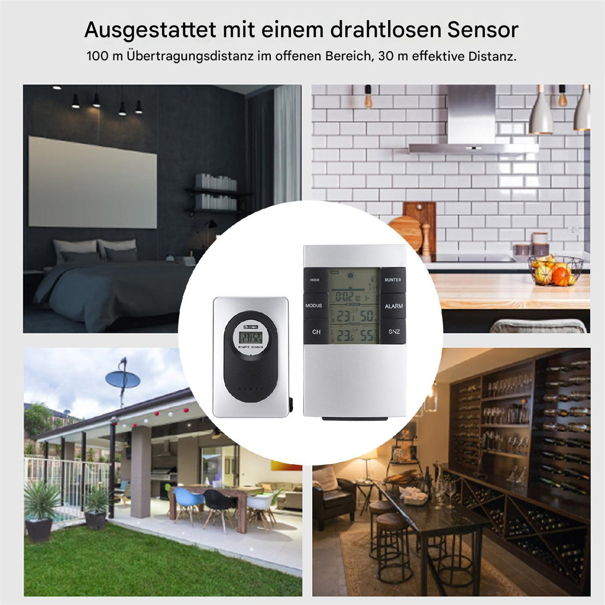 Vier Bilder zeigen eine Wetterstation und Szenen: Schlafzimmer, Küche, Außenbereich und Weinkeller.