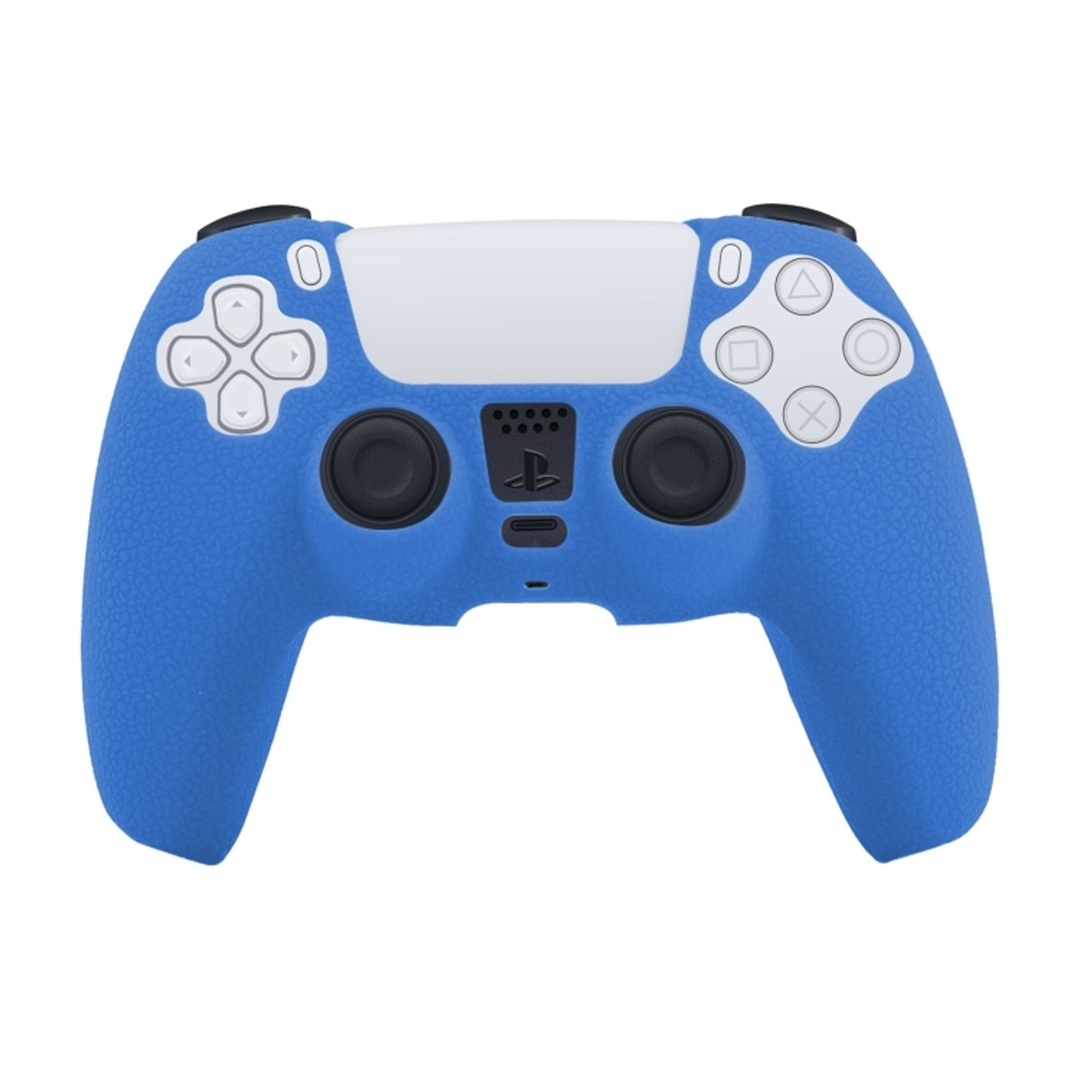Blauer PlayStation 5-Controller. Der Controller hat weiße Tasten und schwarze Joysticks und Knöpfe.