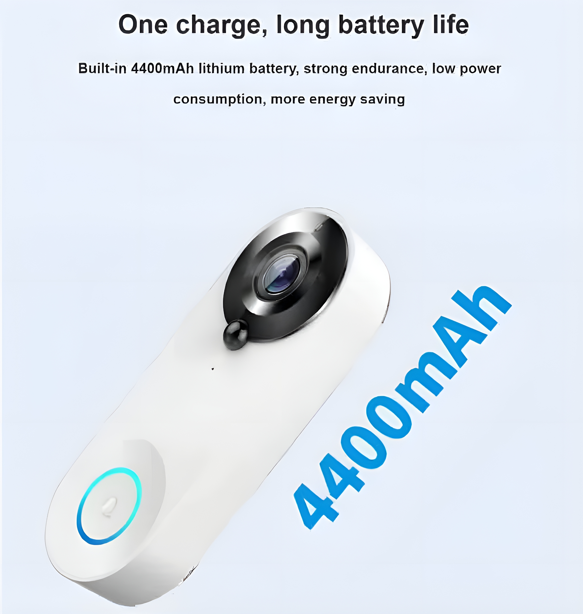 Ein weißes Gerät mit Kameraobjektiv. Es hat ein blaues Licht und blauen Text mit 4400 mAh.