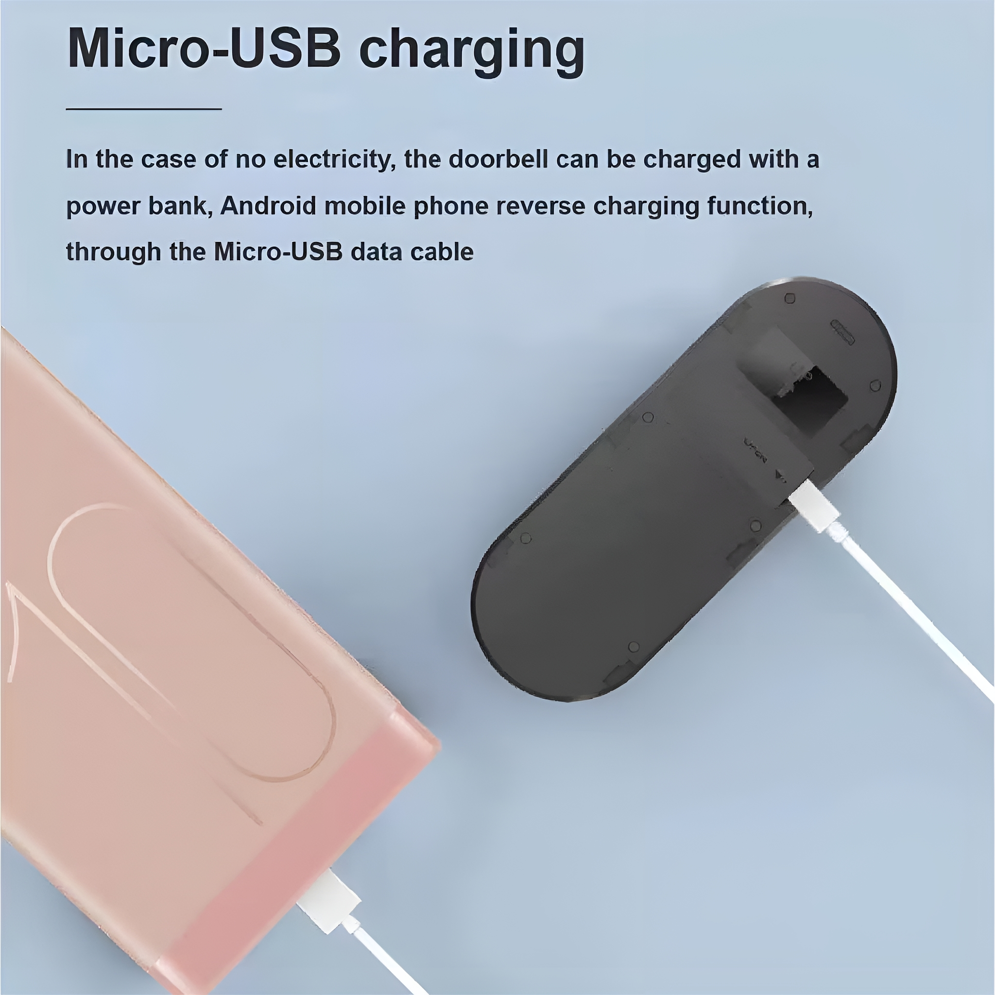 Eine rosa Powerbank ist mit einem schwarzen Gerät über ein weißes Kabel verbunden. Es liegt auf einer hellblauen Oberfläche.