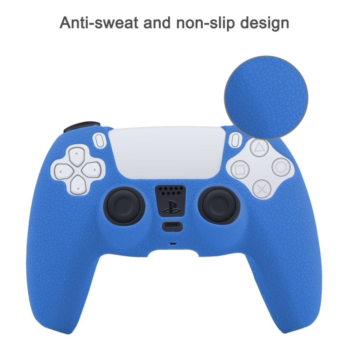 Blaue Controller-Abdeckung mit rutschfestem Design. Mit Knöpfen und PlayStation-Logo.