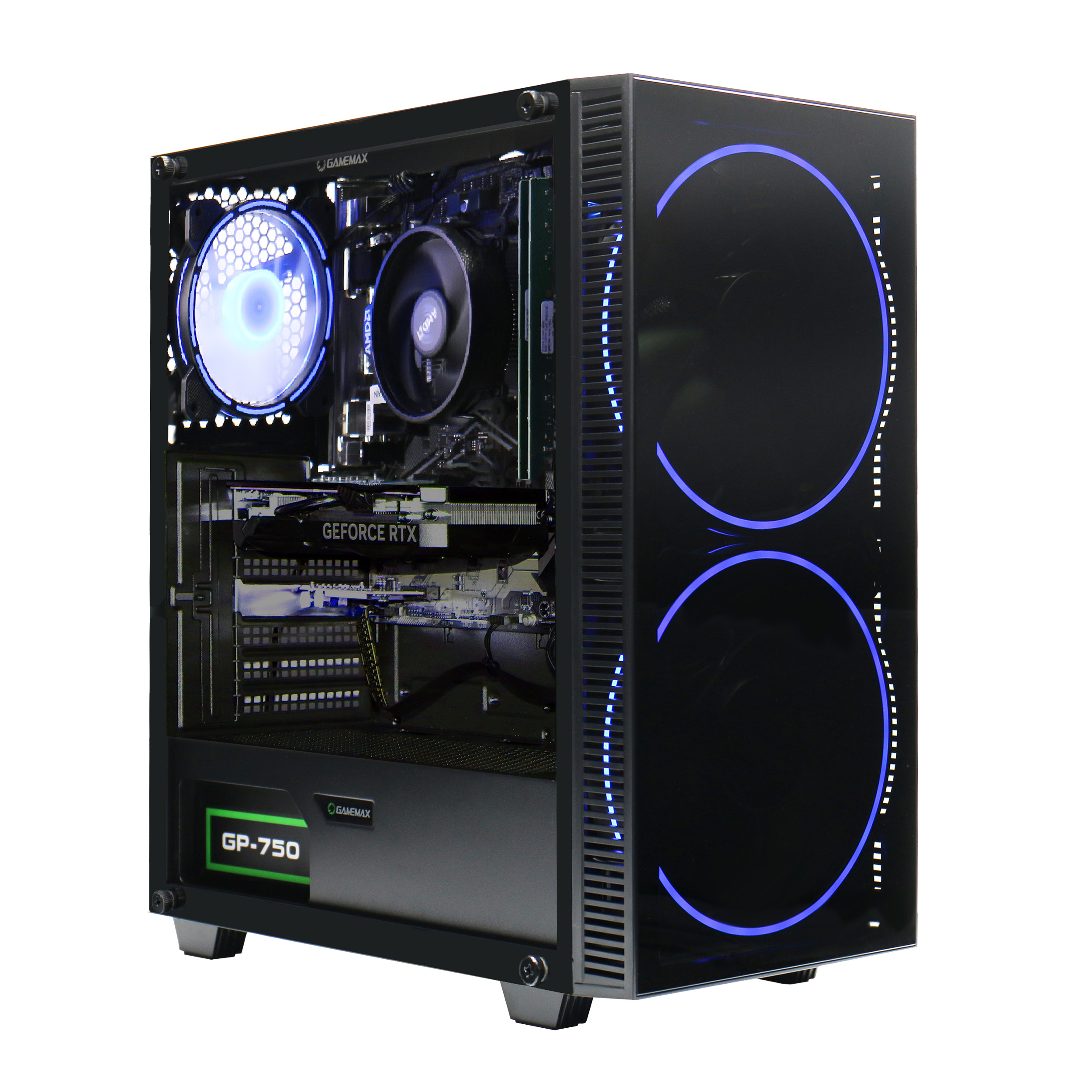 Schwarzes Computergehäuse mit blauen Lichtern. Innen Komponenten wie Lüfter und GPU.