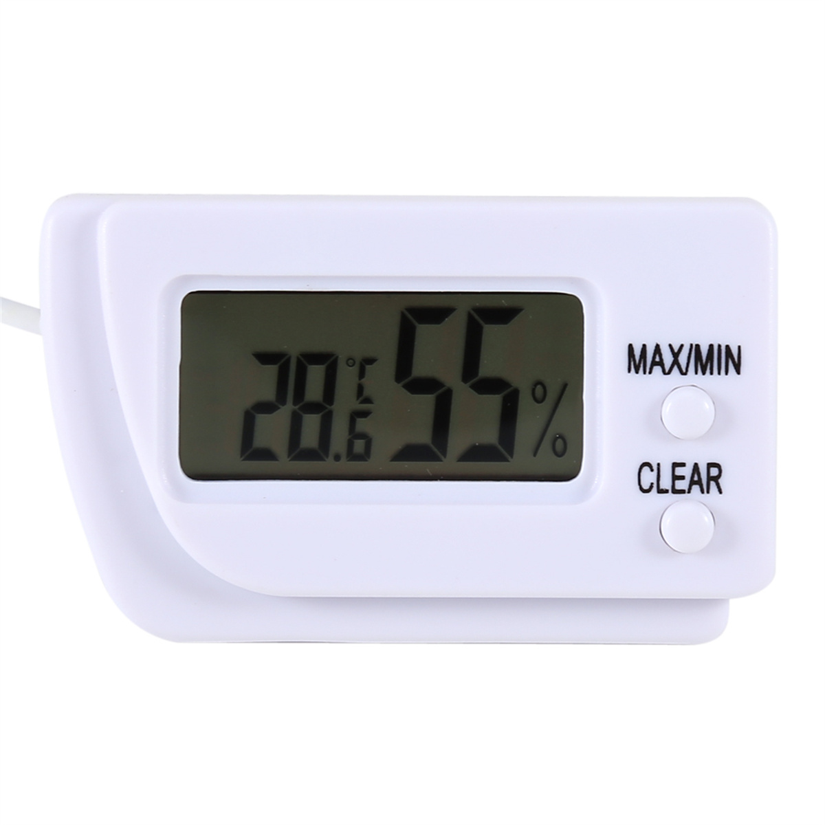 Weißes digitales Thermometer mit 28,6 und 55 %. Hat Clear- und Max/Min-Tasten.