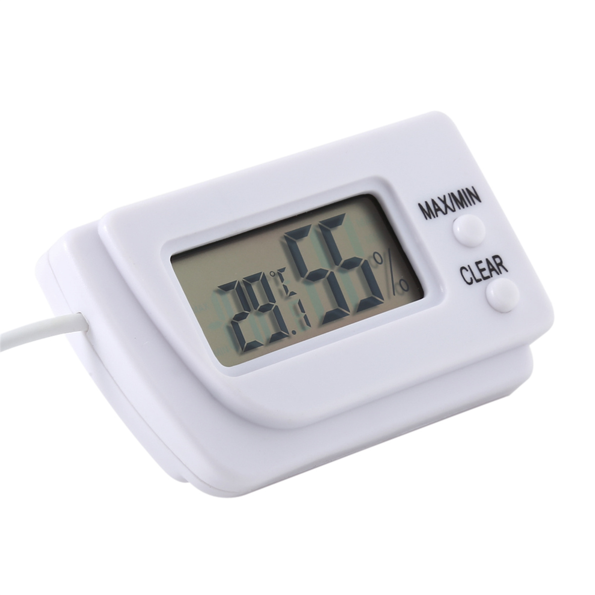 Digitales Thermometer zeigt 28,55%. Weißes Gehäuse mit MAX/MIN- und CLEAR-Tasten.