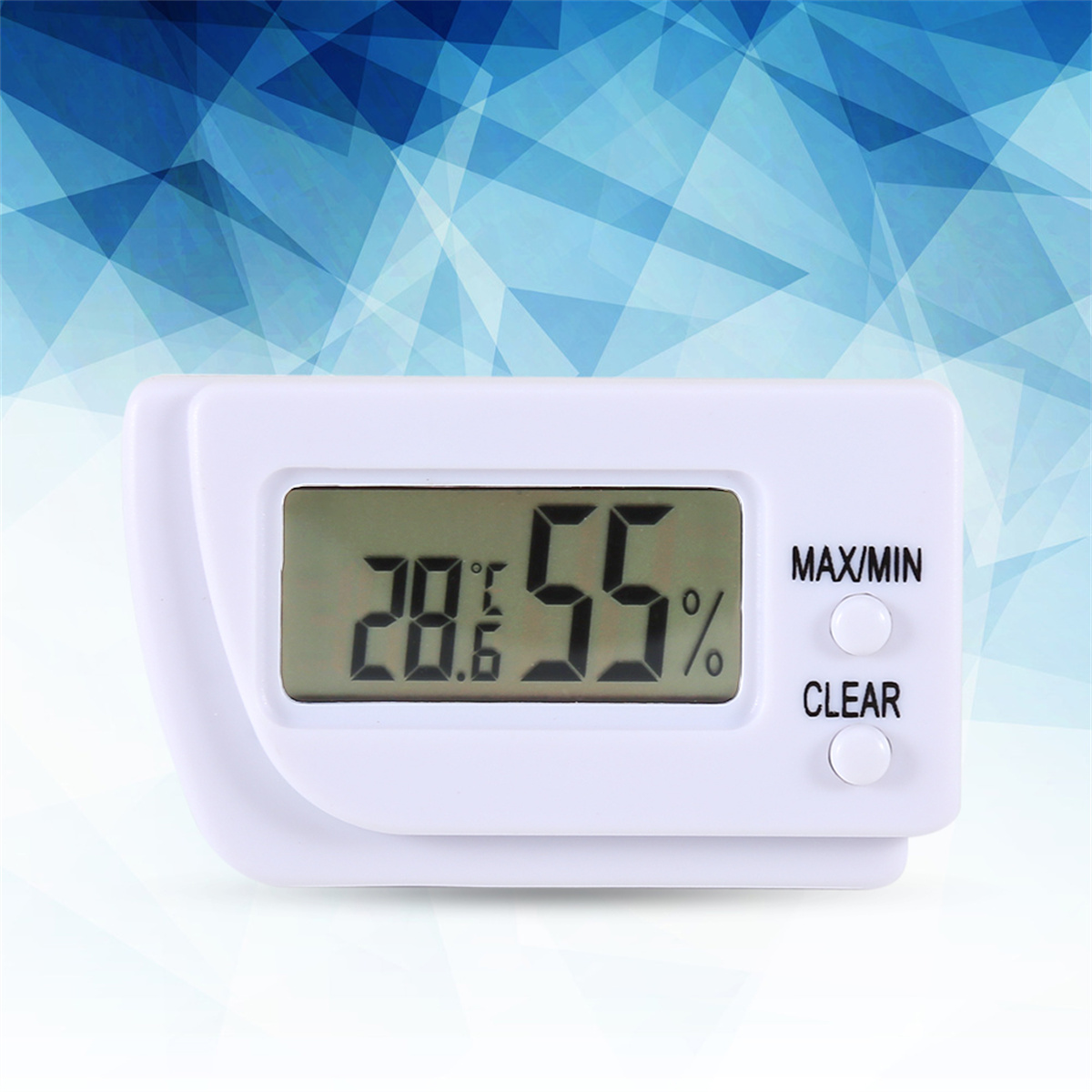 Ein weißes digitales Thermometer zeigt 28,6 Grad und 55 % Luftfeuchtigkeit, mit Max/Min- und Clear-Tasten.