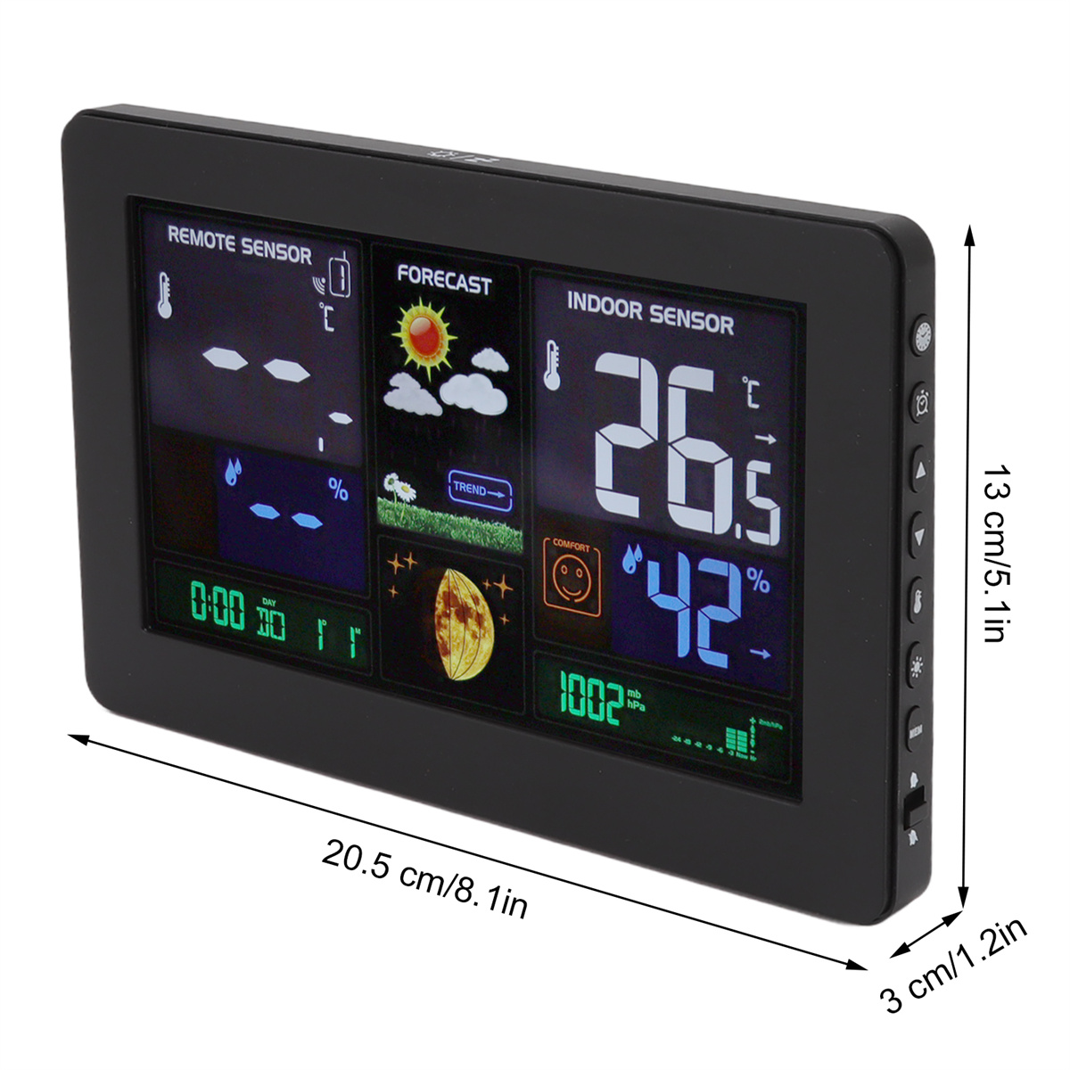 Schwarze Wetterstation. Zeigt Zeit, Temperatur, Luftfeuchtigkeit, Vorhersage und Mondphasen.