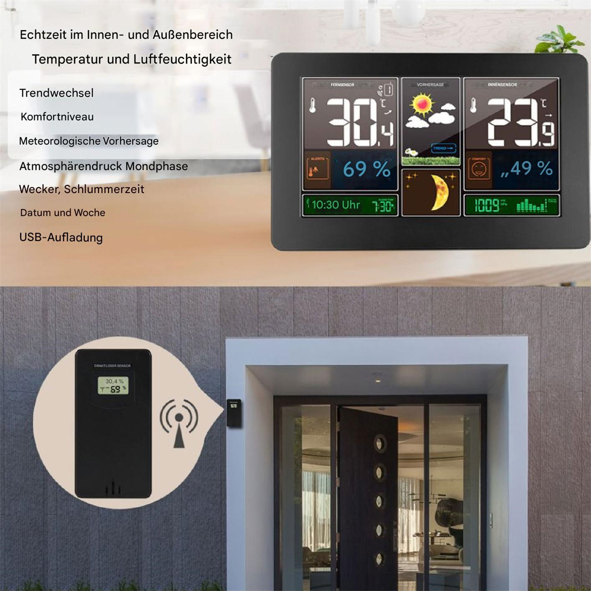 Digitale Wetterstation mit Temperatur, Luftfeuchtigkeit und Wettervorhersage.