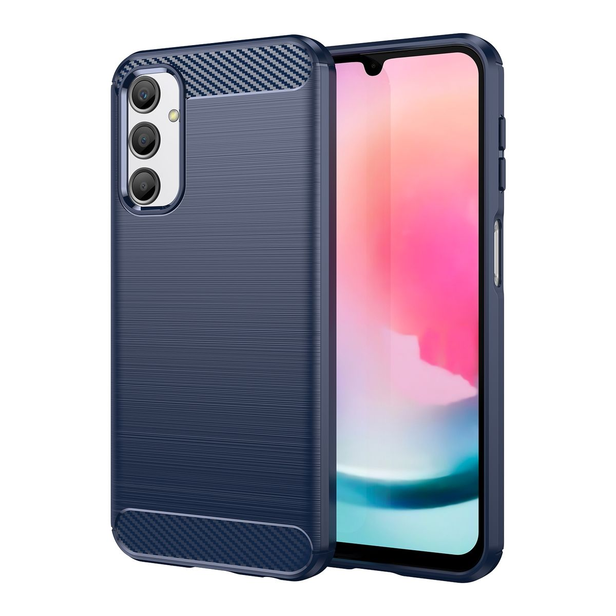 Blaue Handyhülle mit Telefon im Inneren. Die Handyhülle hat eine gebürstete Textur und einen Kohlefaserakzent.