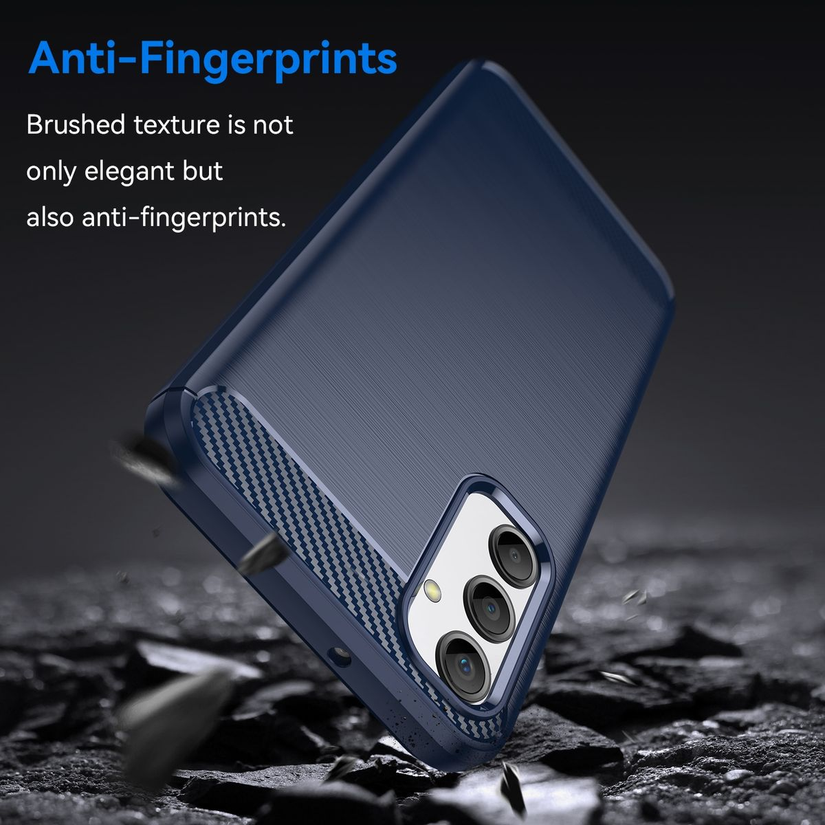 Eine blaue Handyhülle mit gebürsteter Textur, mit einem Telefon darin.