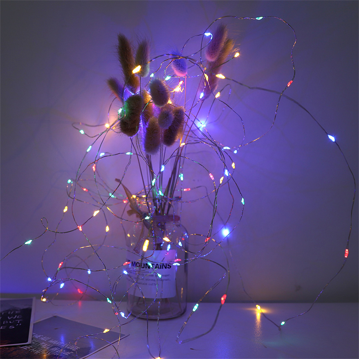Glasvase mit Trockenblumen und Lichterketten.