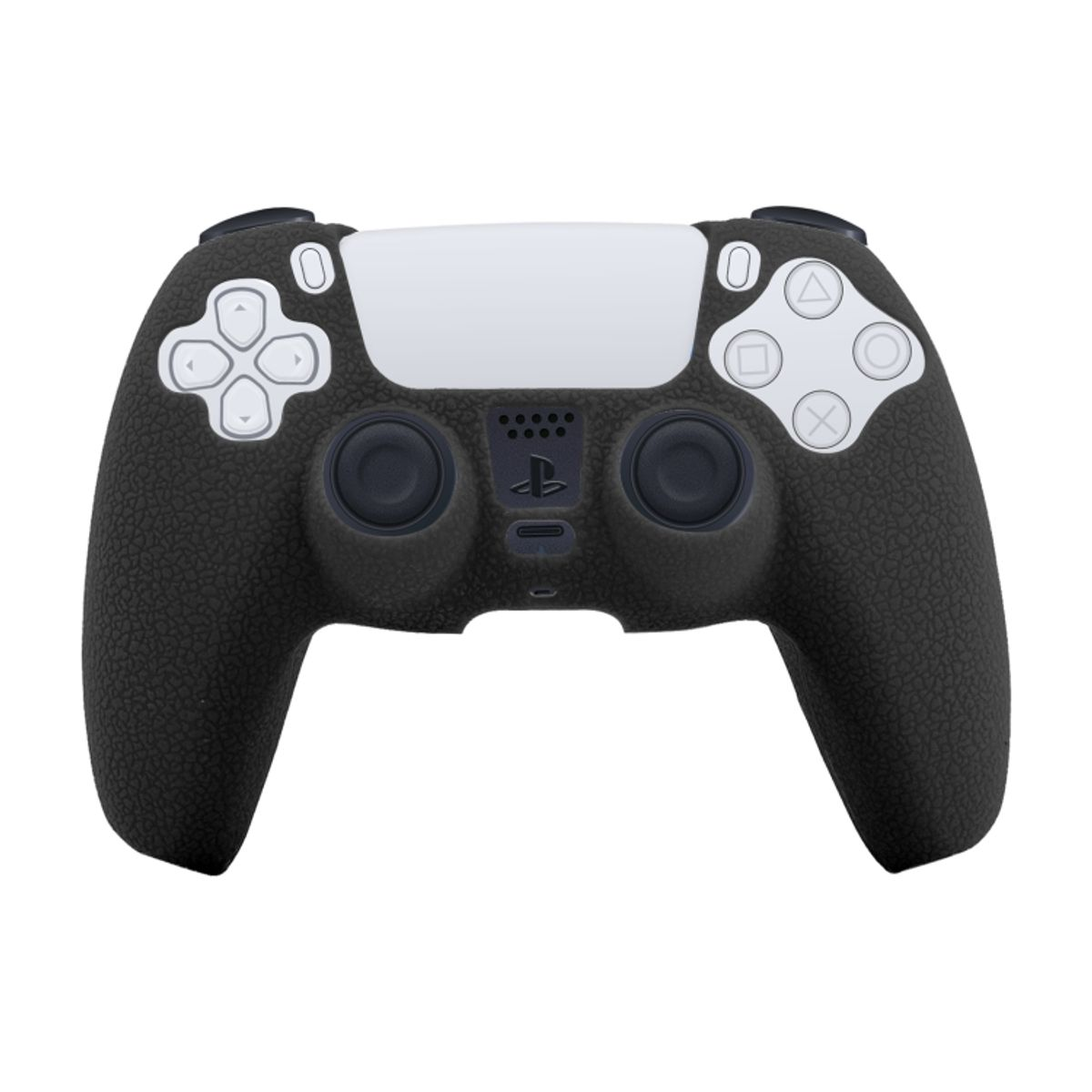 Ein schwarzer Controller mit weißen Knöpfen und einem weißen Mittelteil. Er hat einen strukturierten Griff.