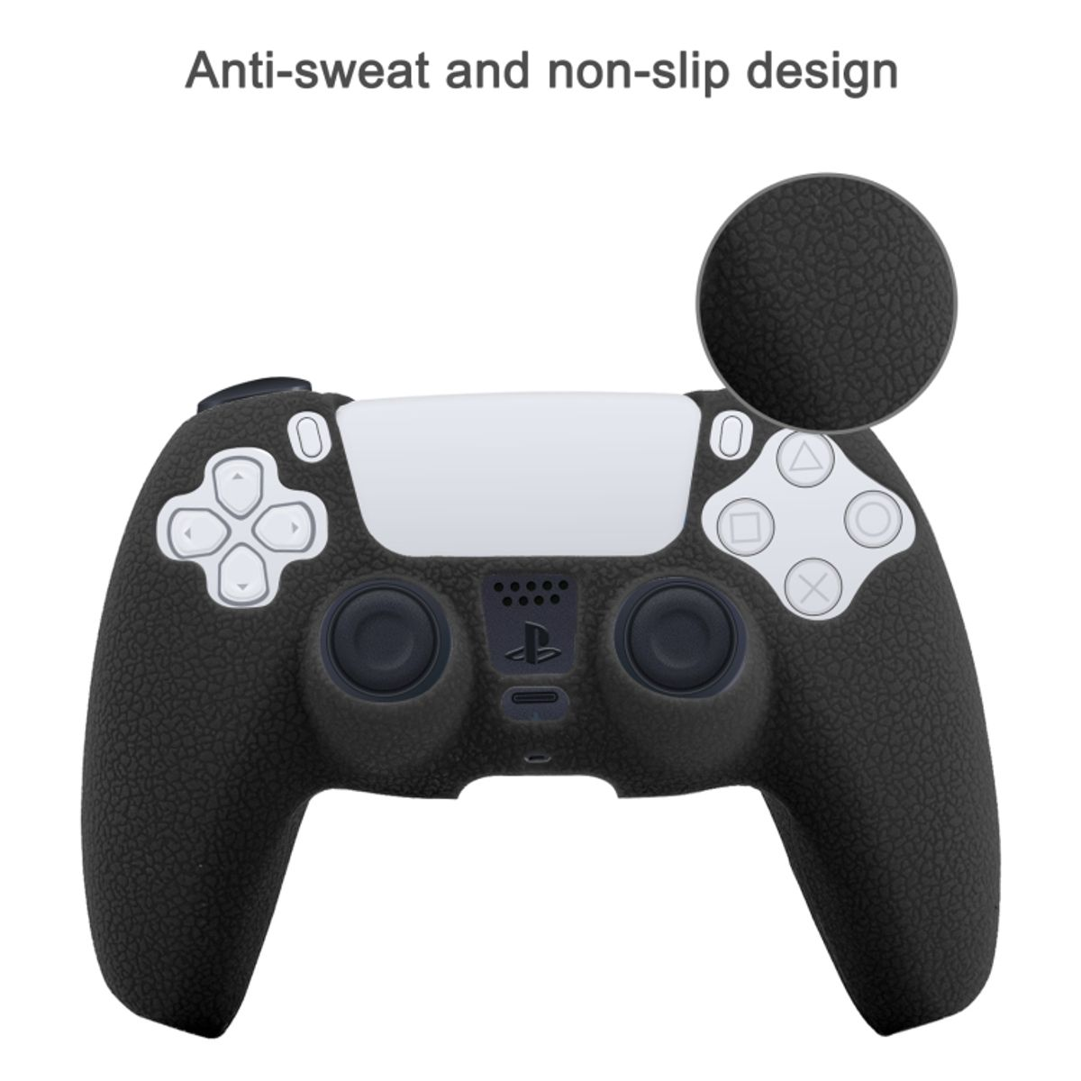 Schwarzer Controller mit weißen Knöpfen und strukturierter Oberfläche, schweiß- und rutschfest.