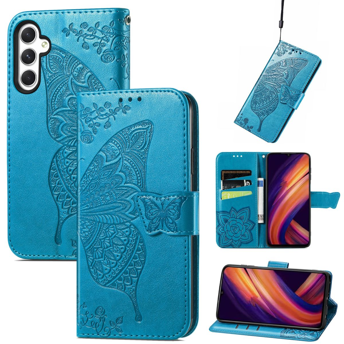 Blaue Handyhülle mit Schmetterlingsdesign, mit mehreren Ansichten: vorne, hinten, offen und in Gebrauch, mit einem Telefon.