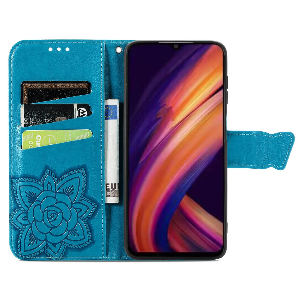Blaue Handyhülle mit floralem Design. Im Inneren befinden sich Kreditkarten, Bargeld und ein Telefon.