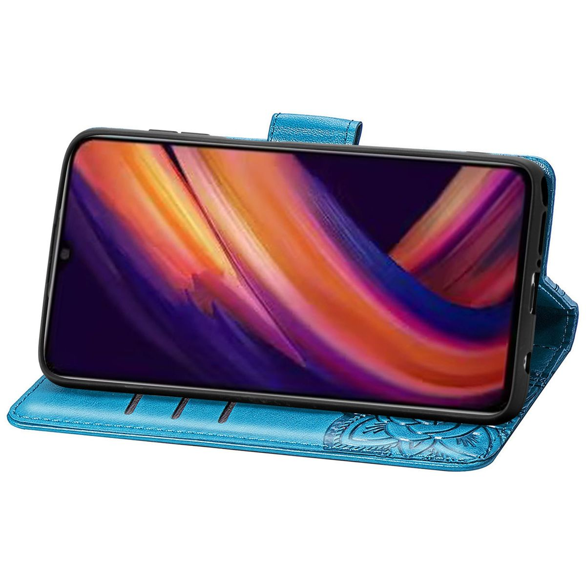 Blaue Handyhülle, geöffnet. Smartphone innen, farbenfrohes Bild. Weißer Hintergrund.