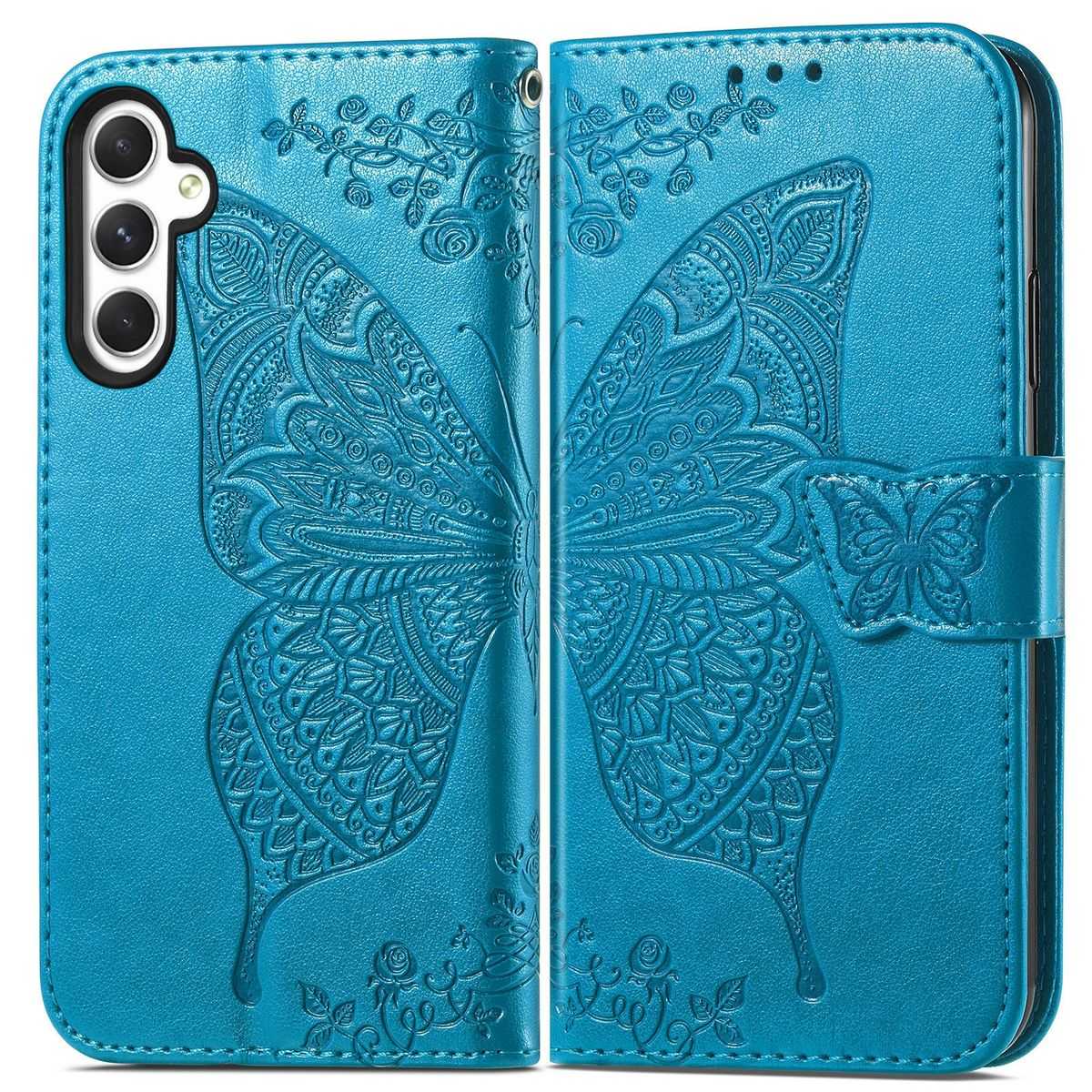 Eine türkisfarbene Handyhülle mit Schmetterlingsdesign, die Vorder- und Rückseite zeigt.