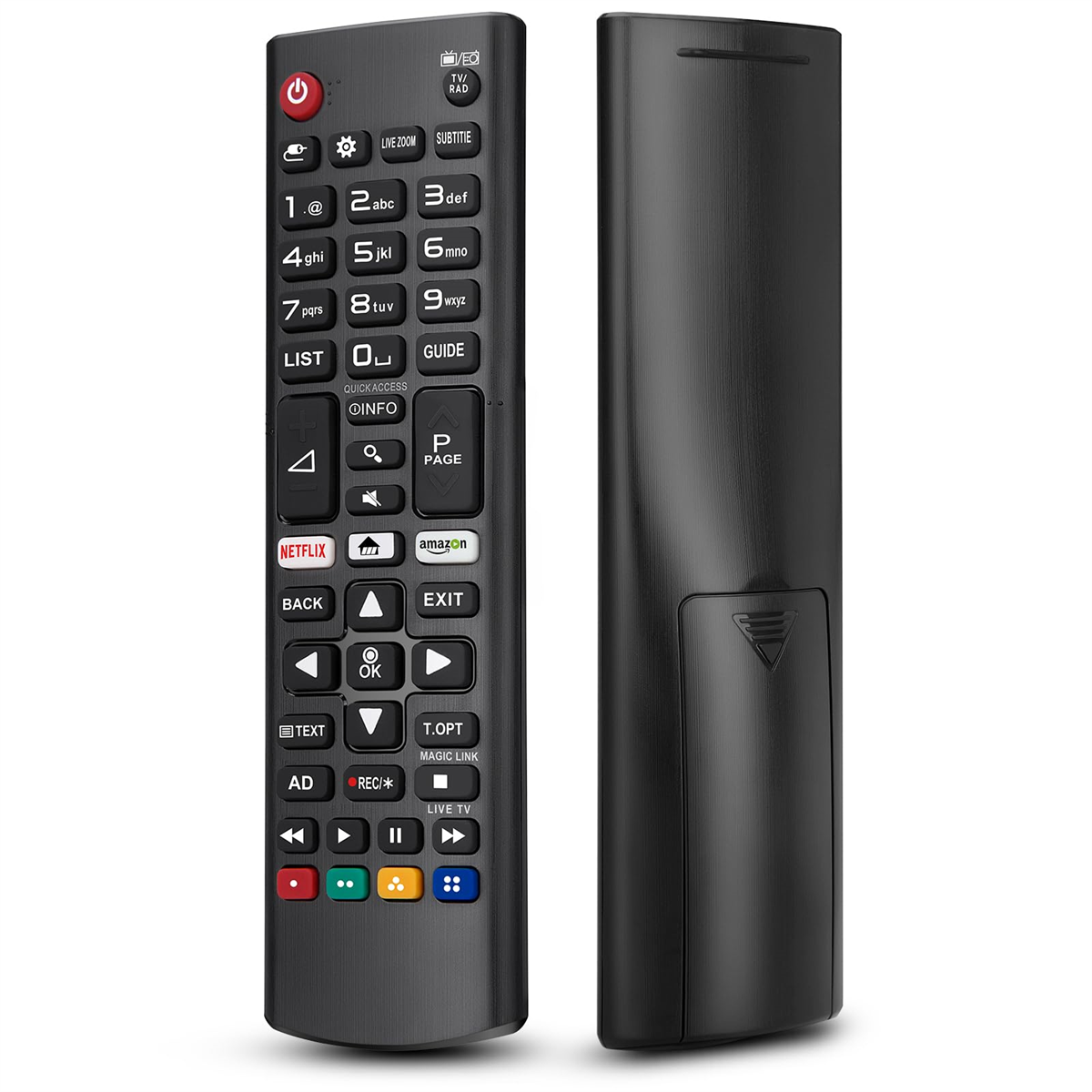 Eine schwarze TV-Fernbedienung mit vielen Tasten. Die Rückseite ist schwarz.