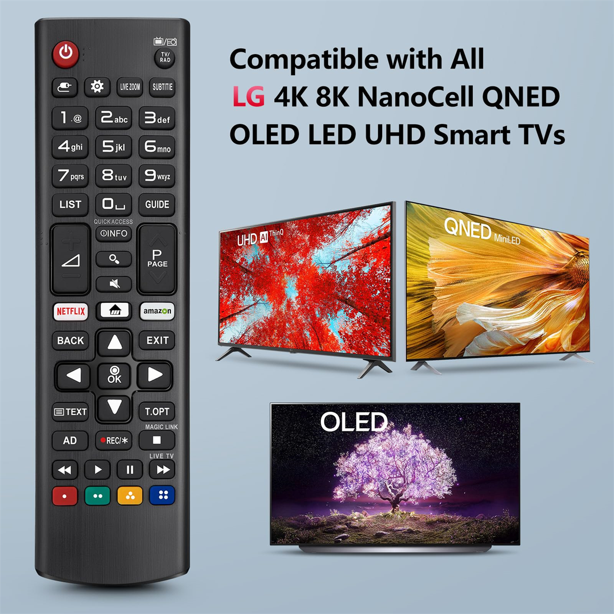 Schwarze LG-Fernbedienung mit Knöpfen und Abbildungen von LG Smart-TVs.